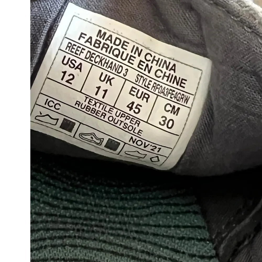 Reef Deckhand 3 Gray Canvas Elastic Lace Rubber Sole Shoe, Men's size 12